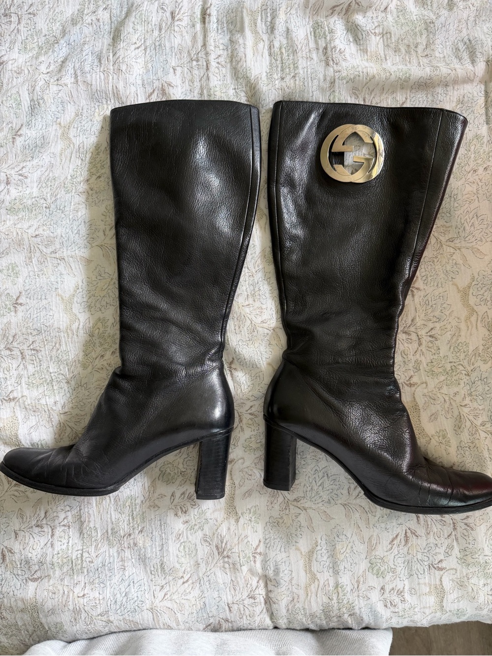 Vintage Gucci by Tom Ford Black Leather Tall Heel Boots with Signature Logo